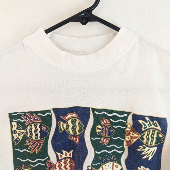Vintage 90s Fish Folk Art Playa Del Carmen Mexico Cropped Tee - Picture 5 of 10